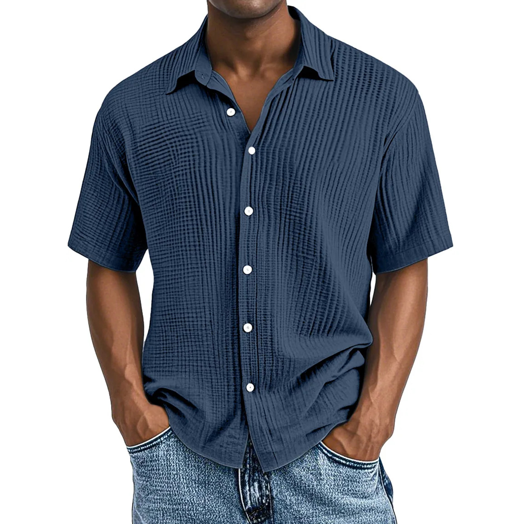 Crinkle Textured Cotton Short Sleeve Button Up Shirt
