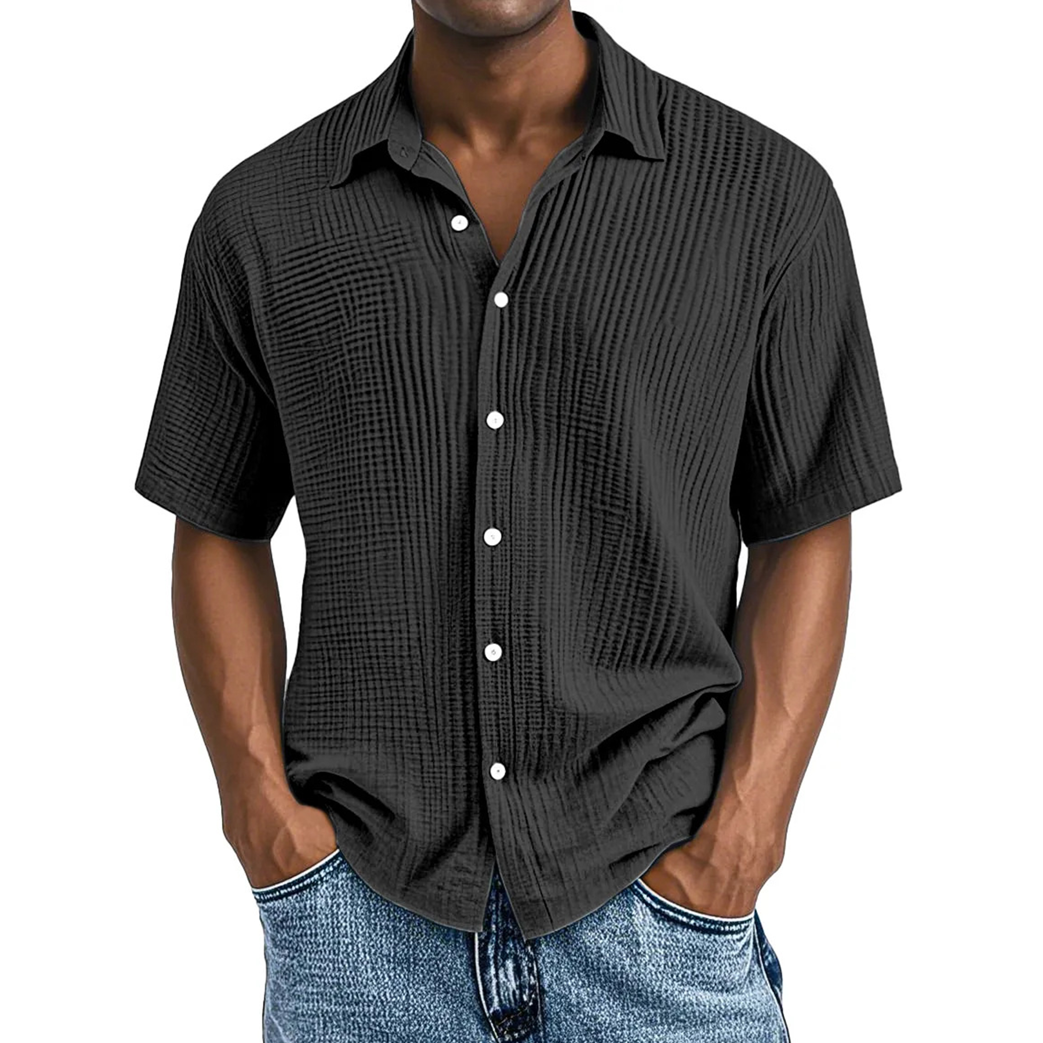 Crinkle Textured Cotton Short Sleeve Button Up Shirt