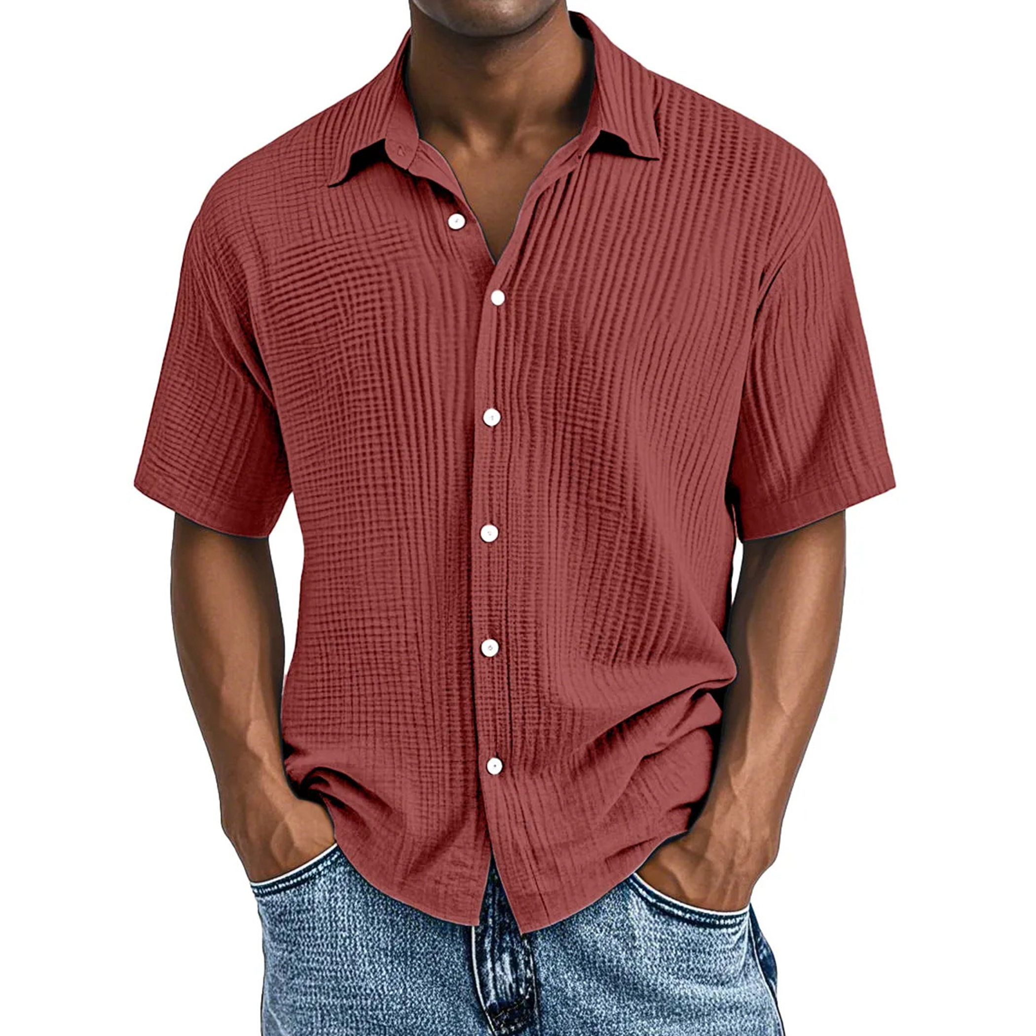Crinkle Textured Cotton Short Sleeve Button Up Shirt