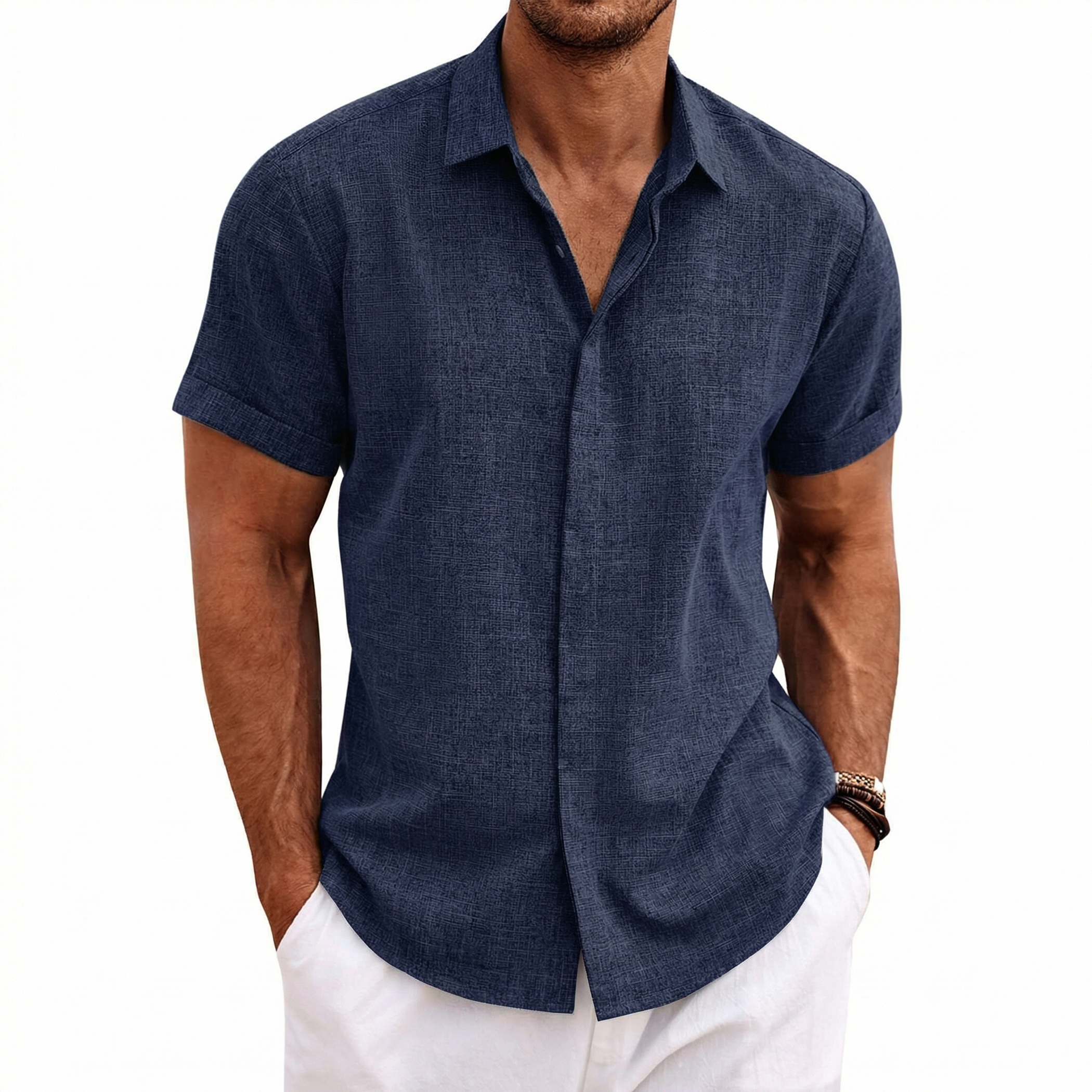 Menordes Men's Linen Short Sleeve Button Down Shirt