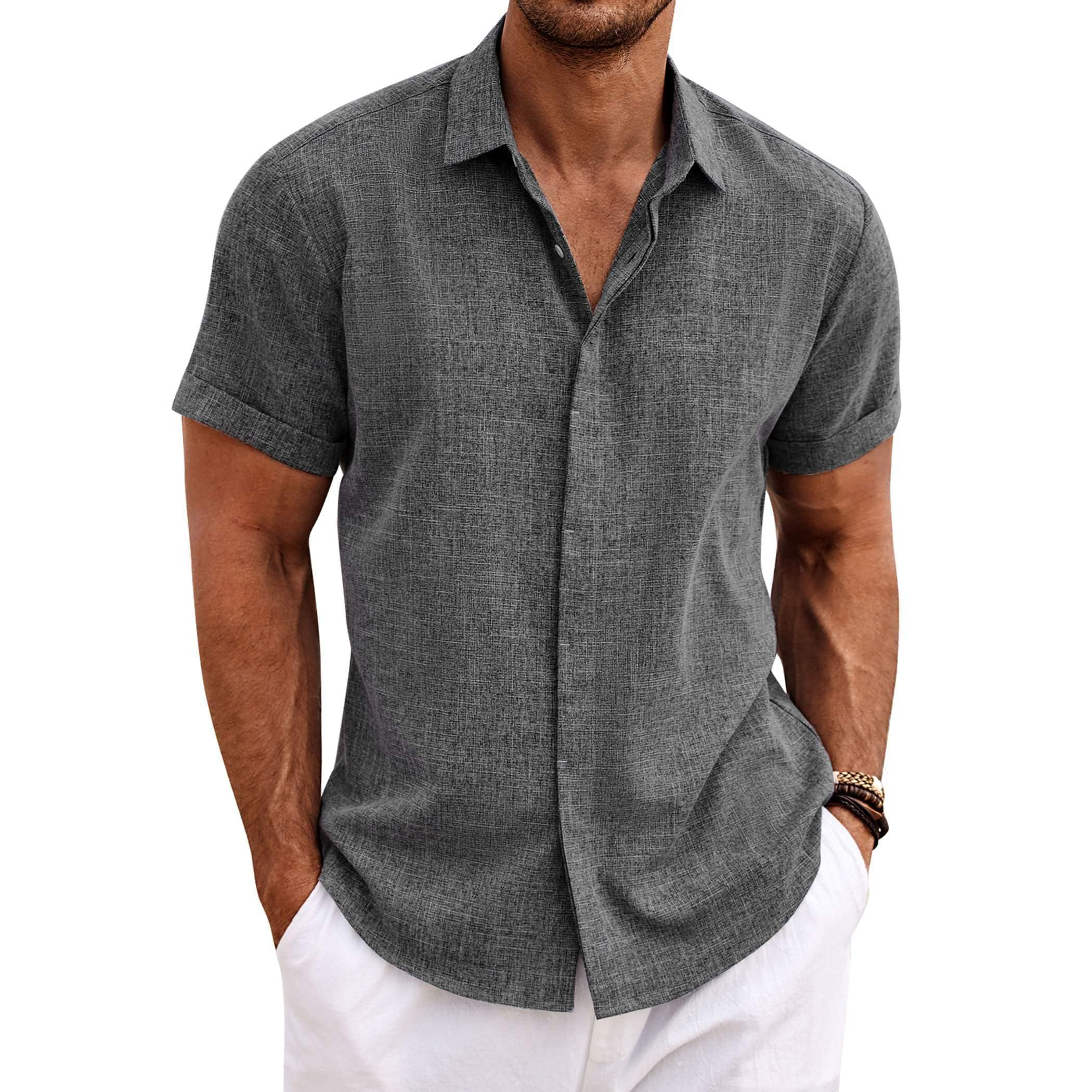 Menordes Men's Linen Short Sleeve Button Down Shirt