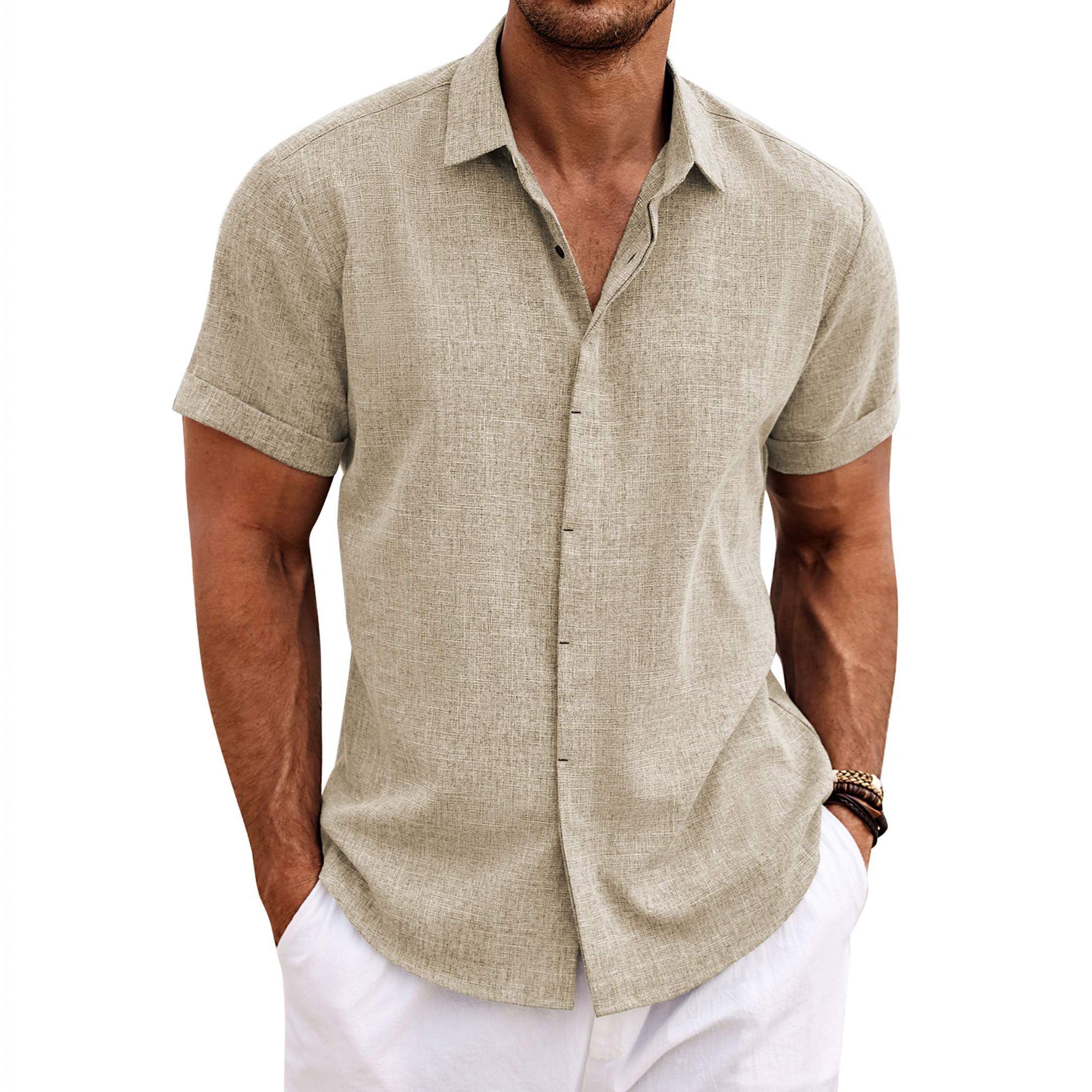 Menordes Men's Linen Short Sleeve Button Down Shirt