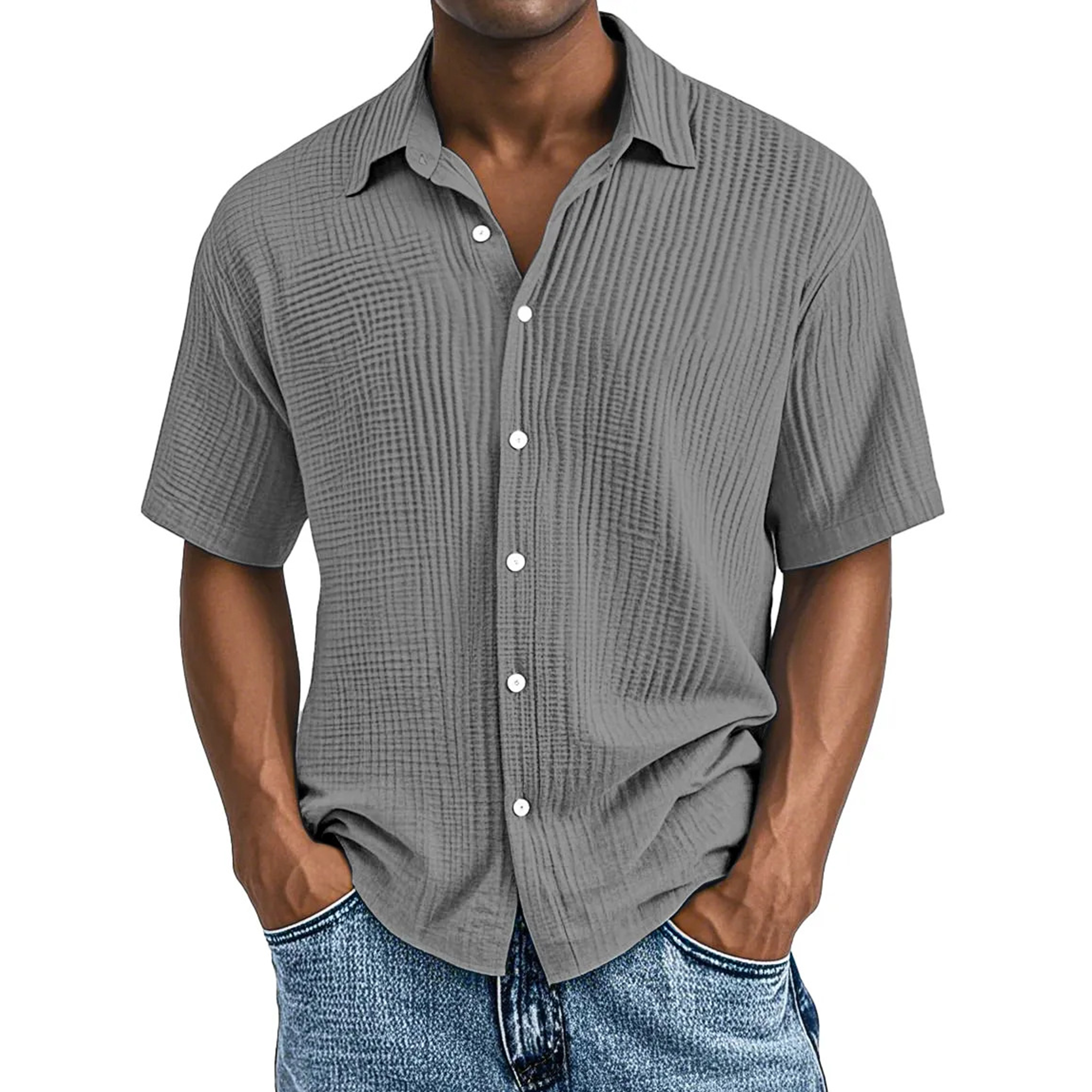 Crinkle Textured Cotton Short Sleeve Button Up Shirt