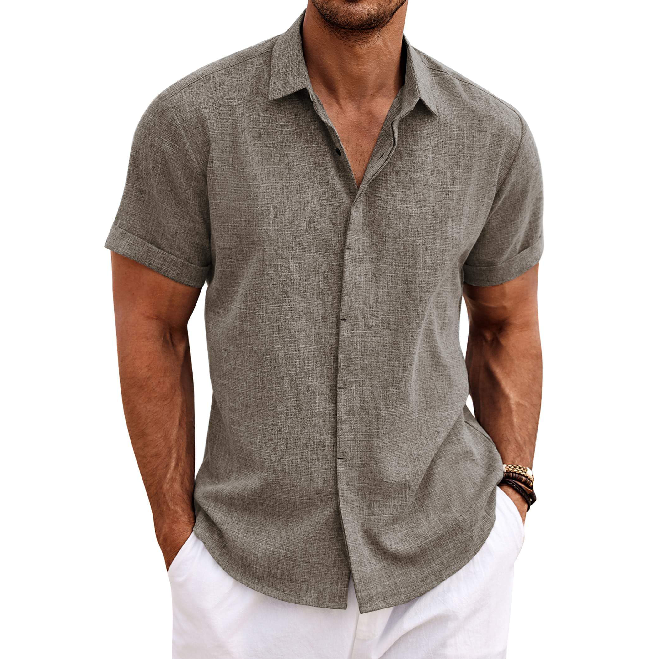 Menordes Men's Linen Short Sleeve Button Down Shirt