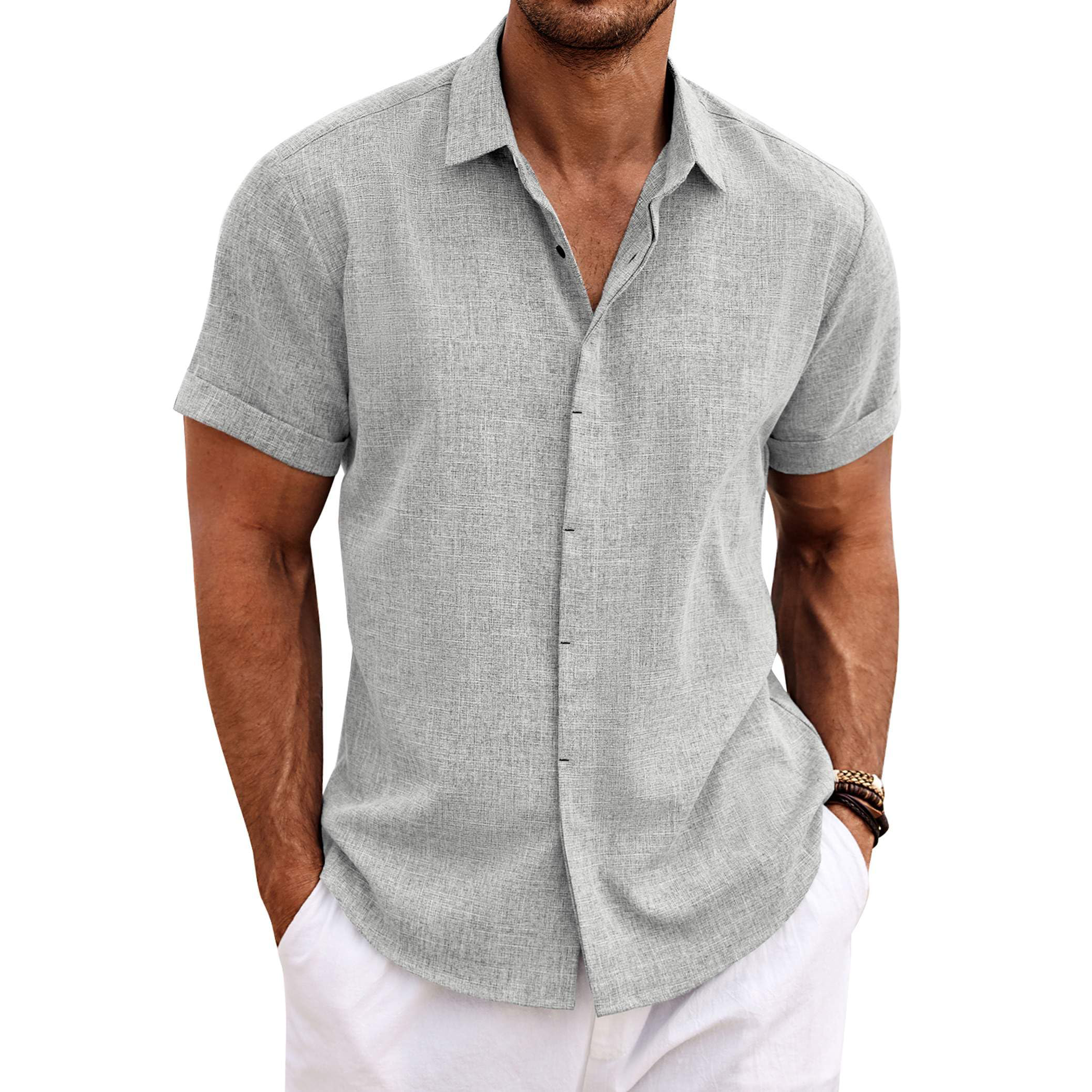 Menordes Men's Linen Short Sleeve Button Down Shirt