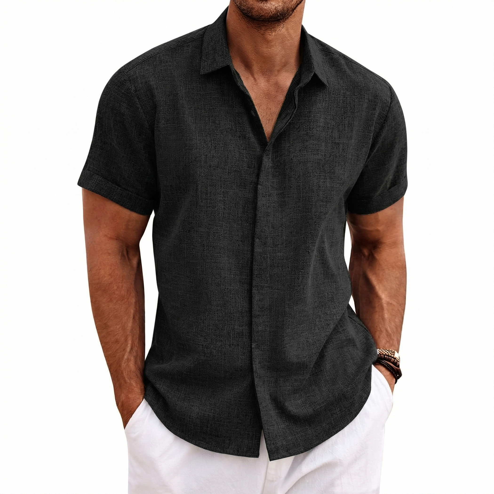 Menordes Men's Linen Short Sleeve Button Down Shirt