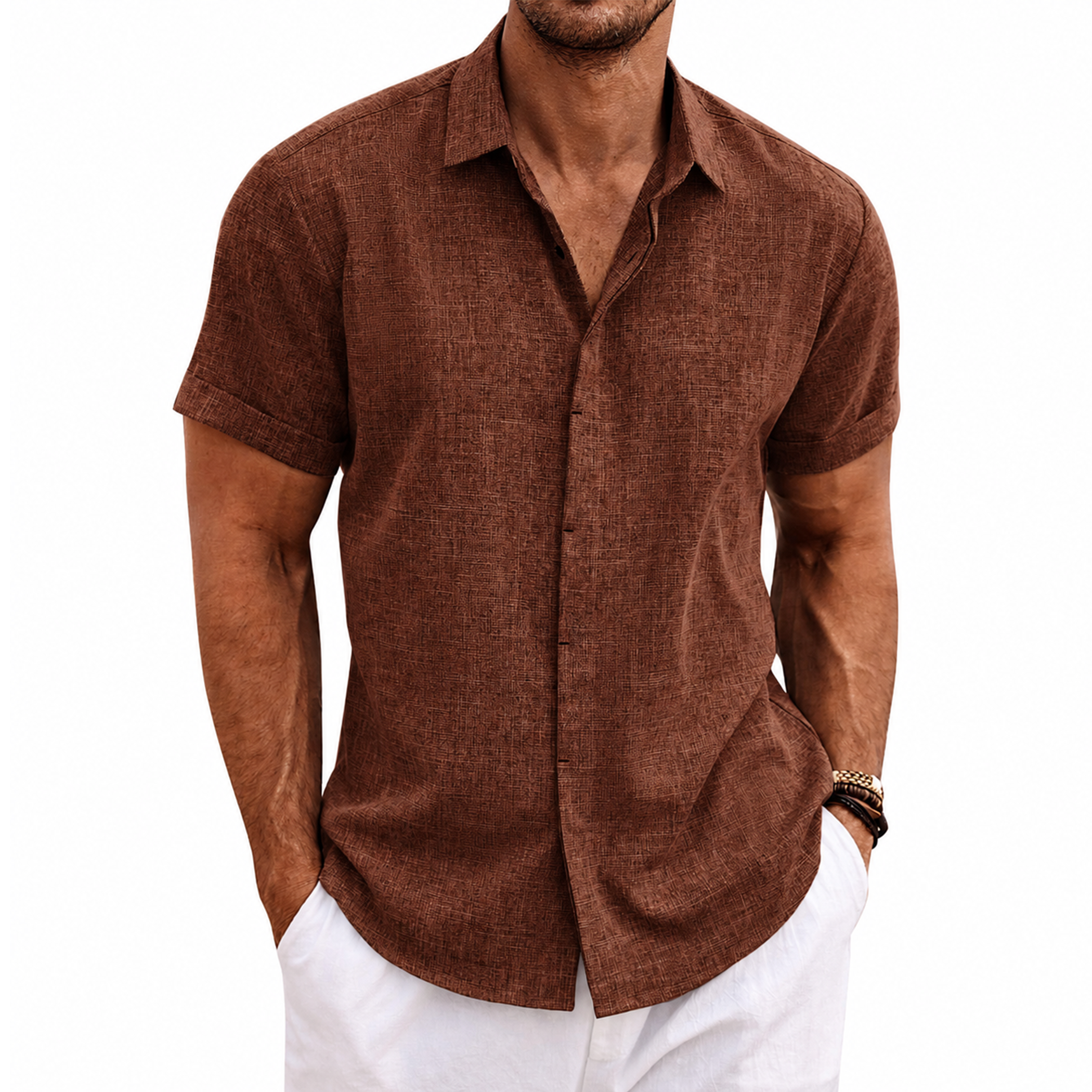 Menordes Men's Linen Short Sleeve Button Down Shirt