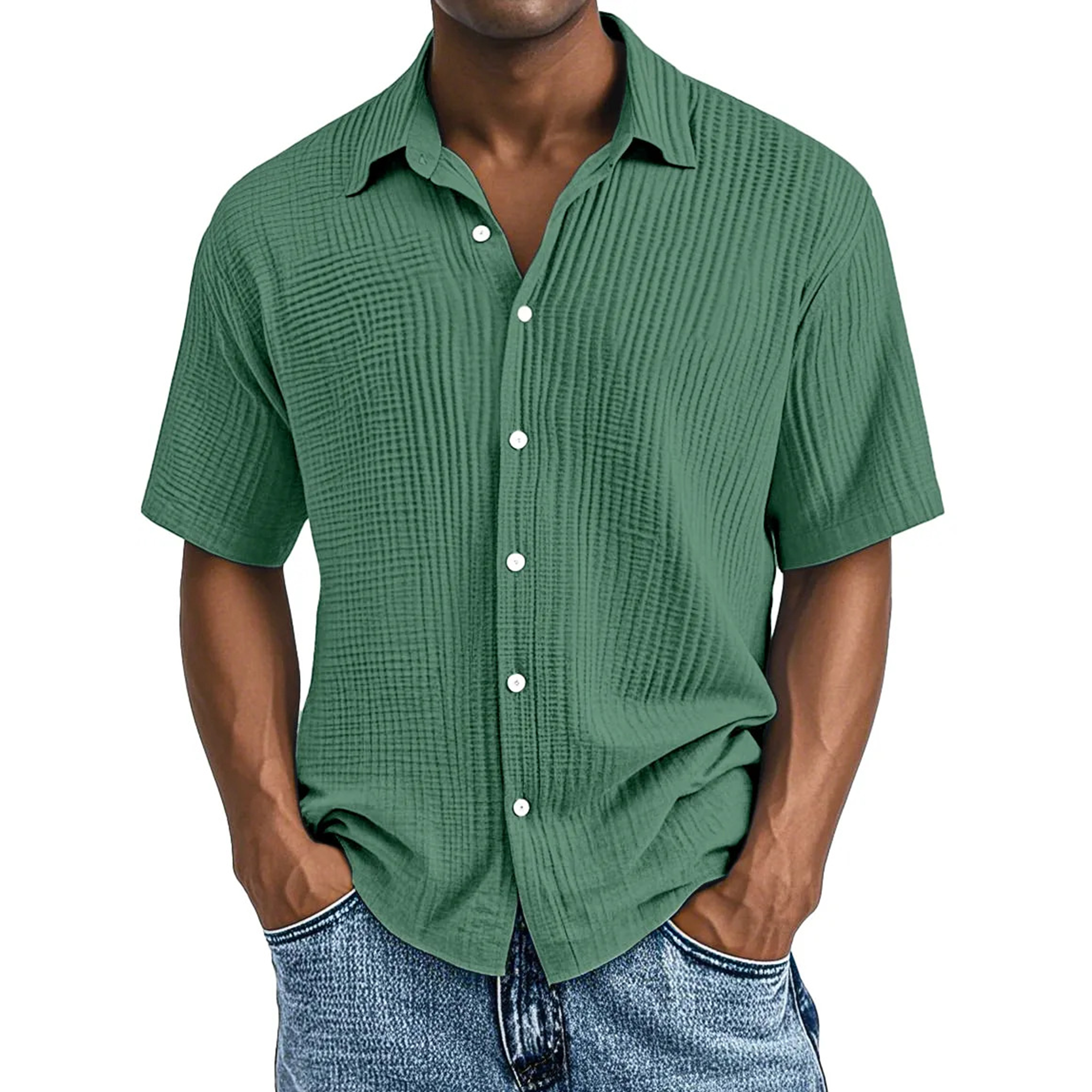 Crinkle Textured Cotton Short Sleeve Button Up Shirt