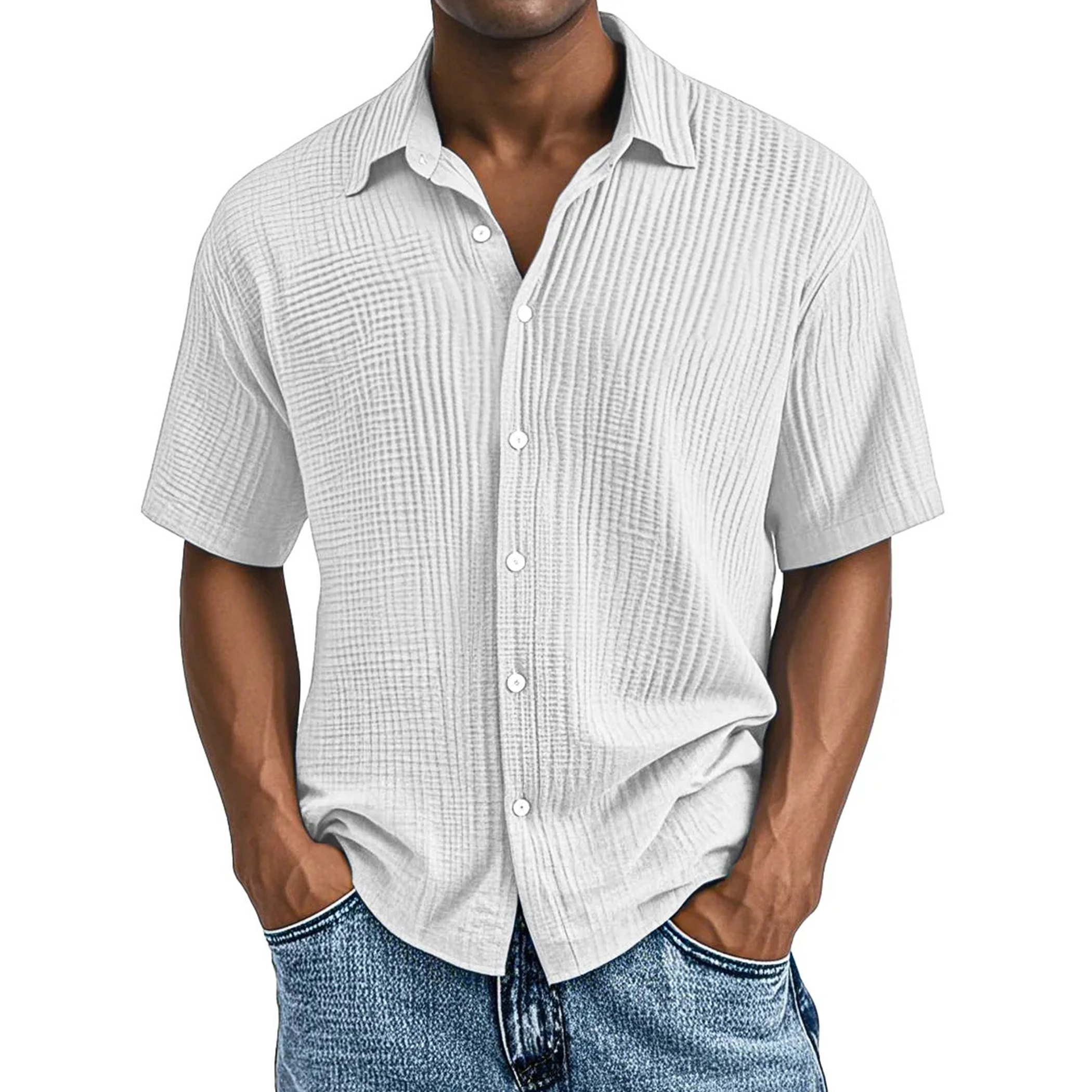 Crinkle Textured Cotton Short Sleeve Button Up Shirt