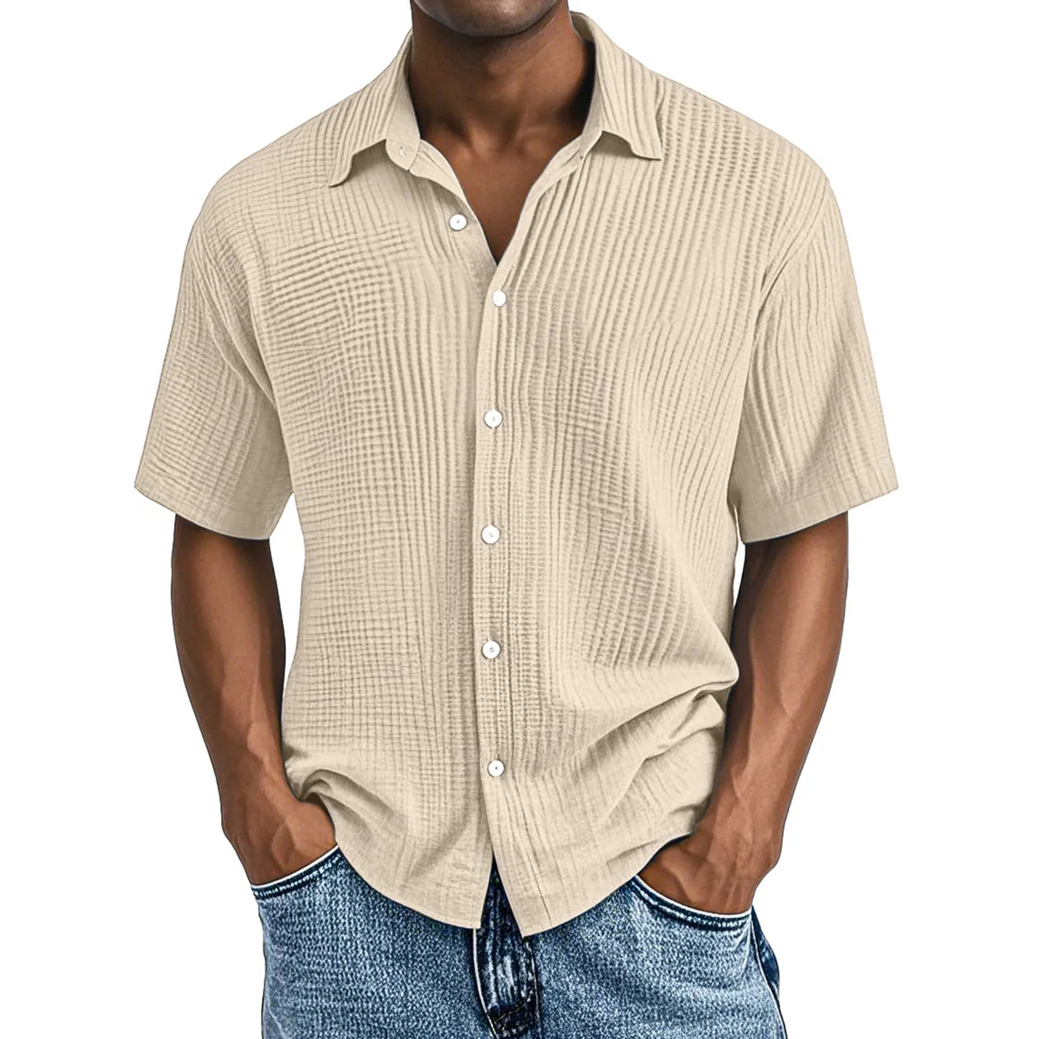 Crinkle Textured Cotton Short Sleeve Button Up Shirt