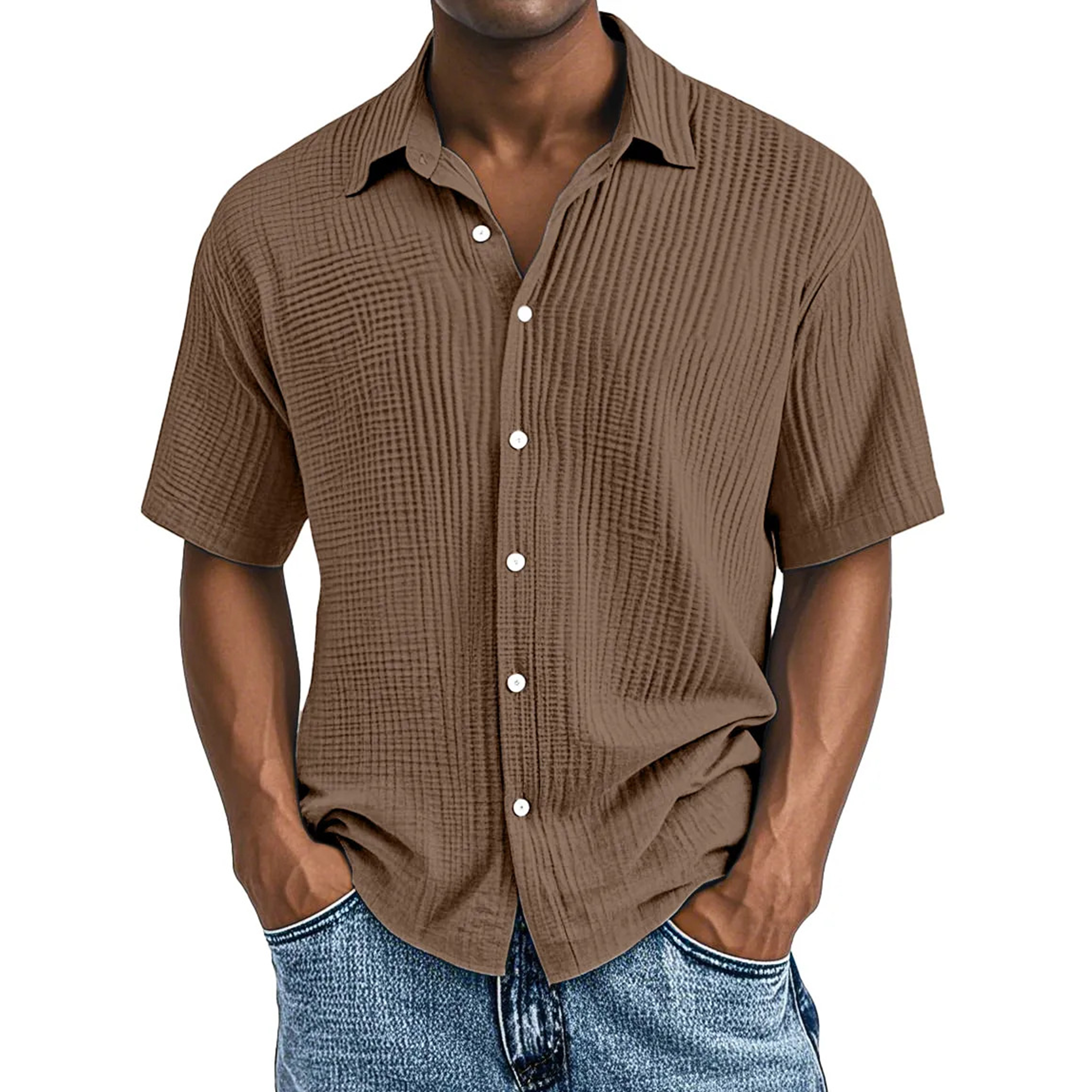 Crinkle Textured Cotton Short Sleeve Button Up Shirt