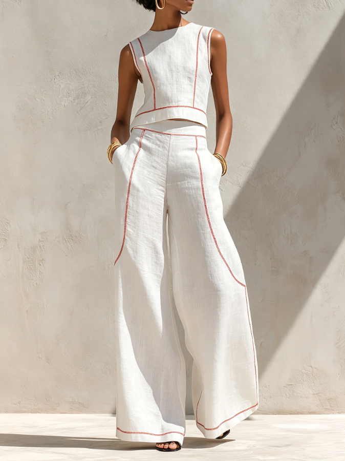 Luciana | White Contrast-Stitch Wide-Leg Co-Ord