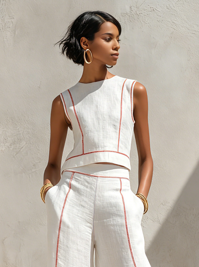 Luciana | White Contrast-Stitch Wide-Leg Co-Ord