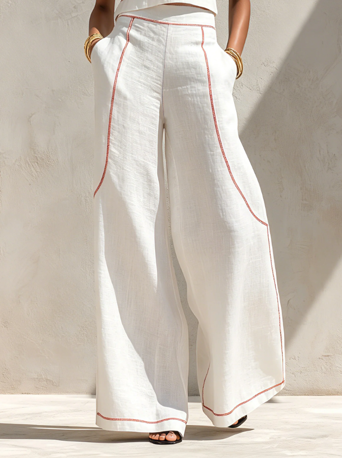 Luciana | White Contrast-Stitch Wide-Leg Co-Ord