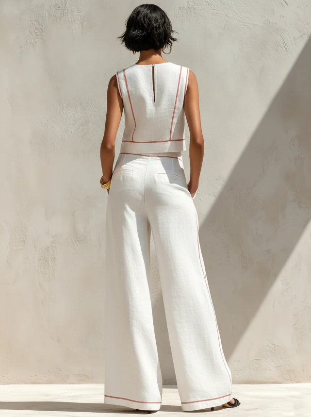 Luciana | White Contrast-Stitch Wide-Leg Co-Ord
