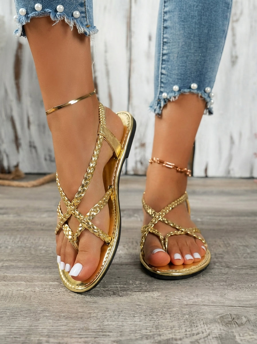 Cinzia | Metallic Woven Cross-Strap Sandals