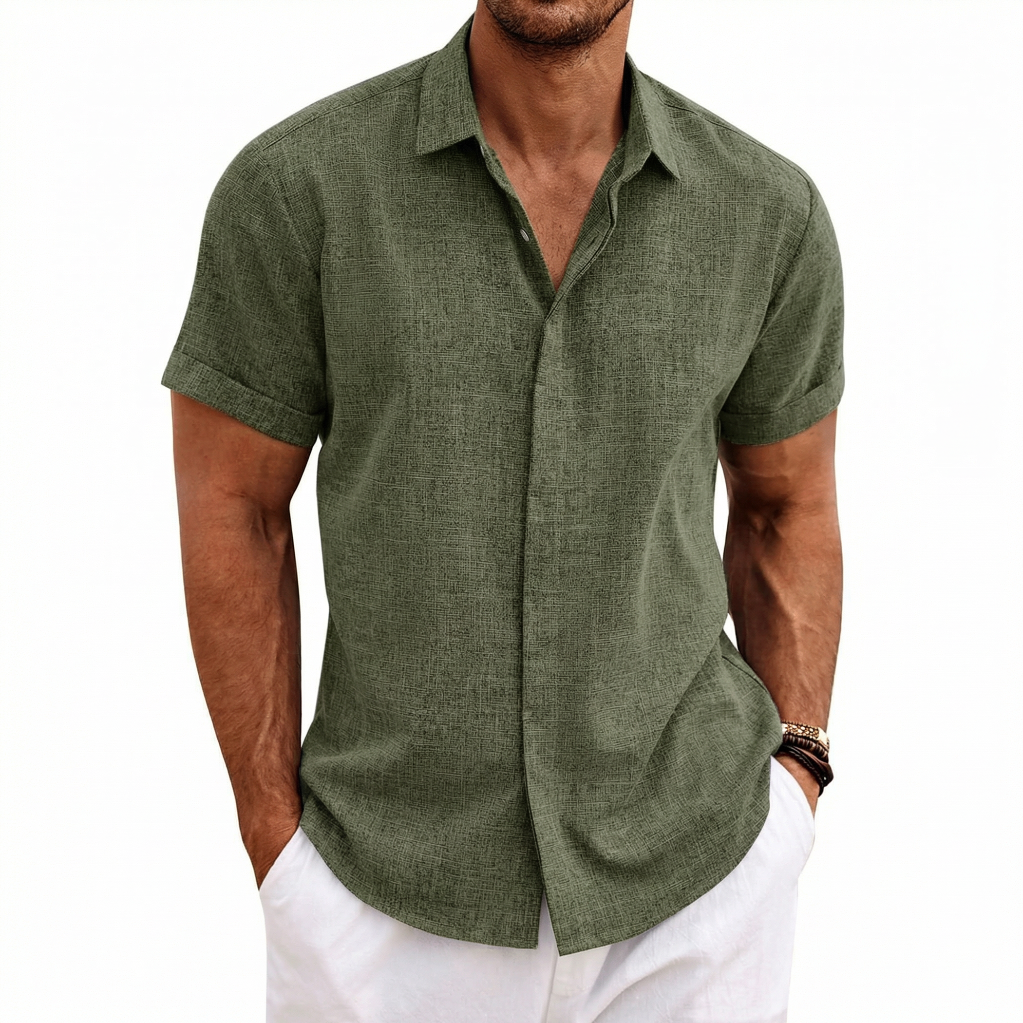 Menordes Men's Linen Short Sleeve Button Down Shirt