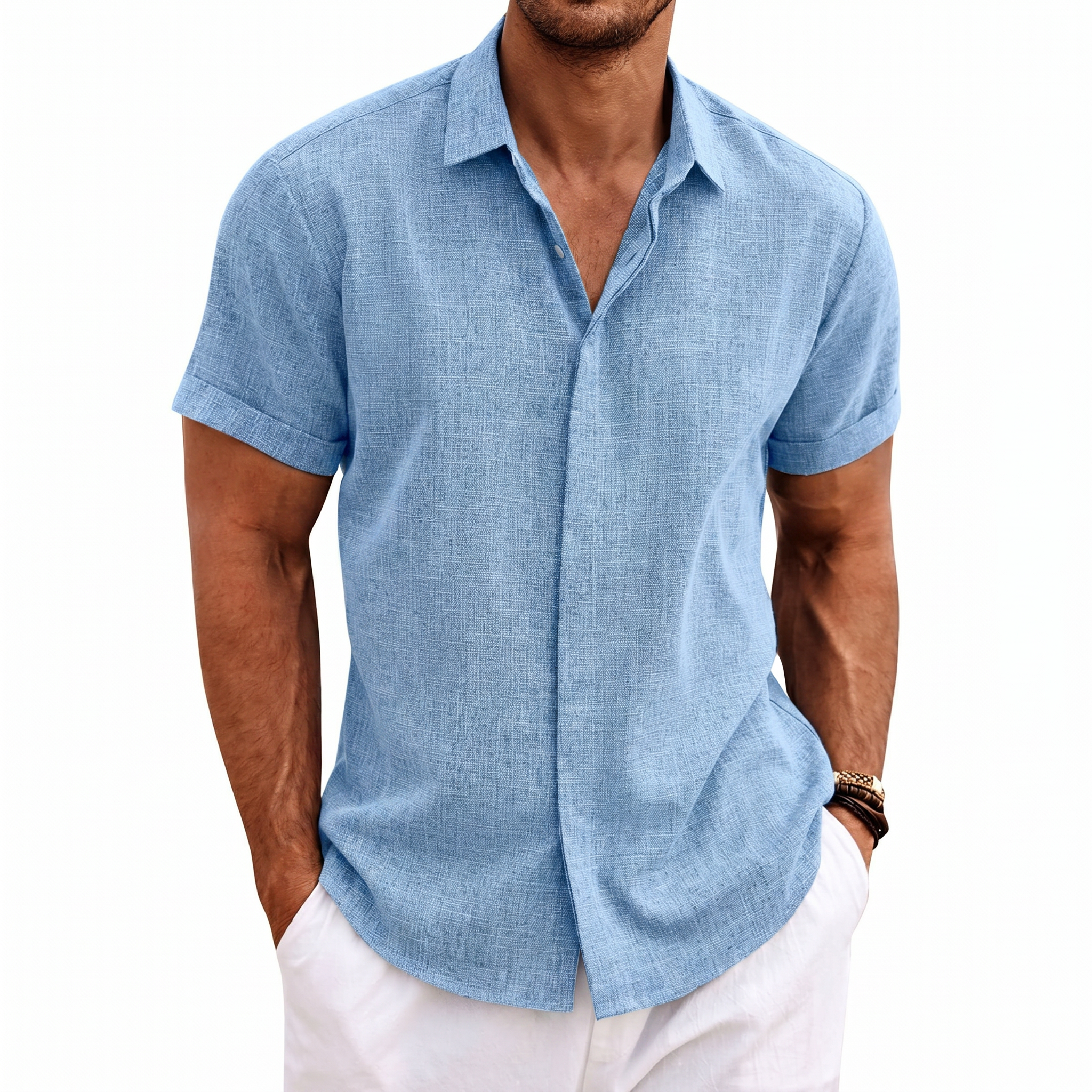 Menordes Men's Linen Short Sleeve Button Down Shirt