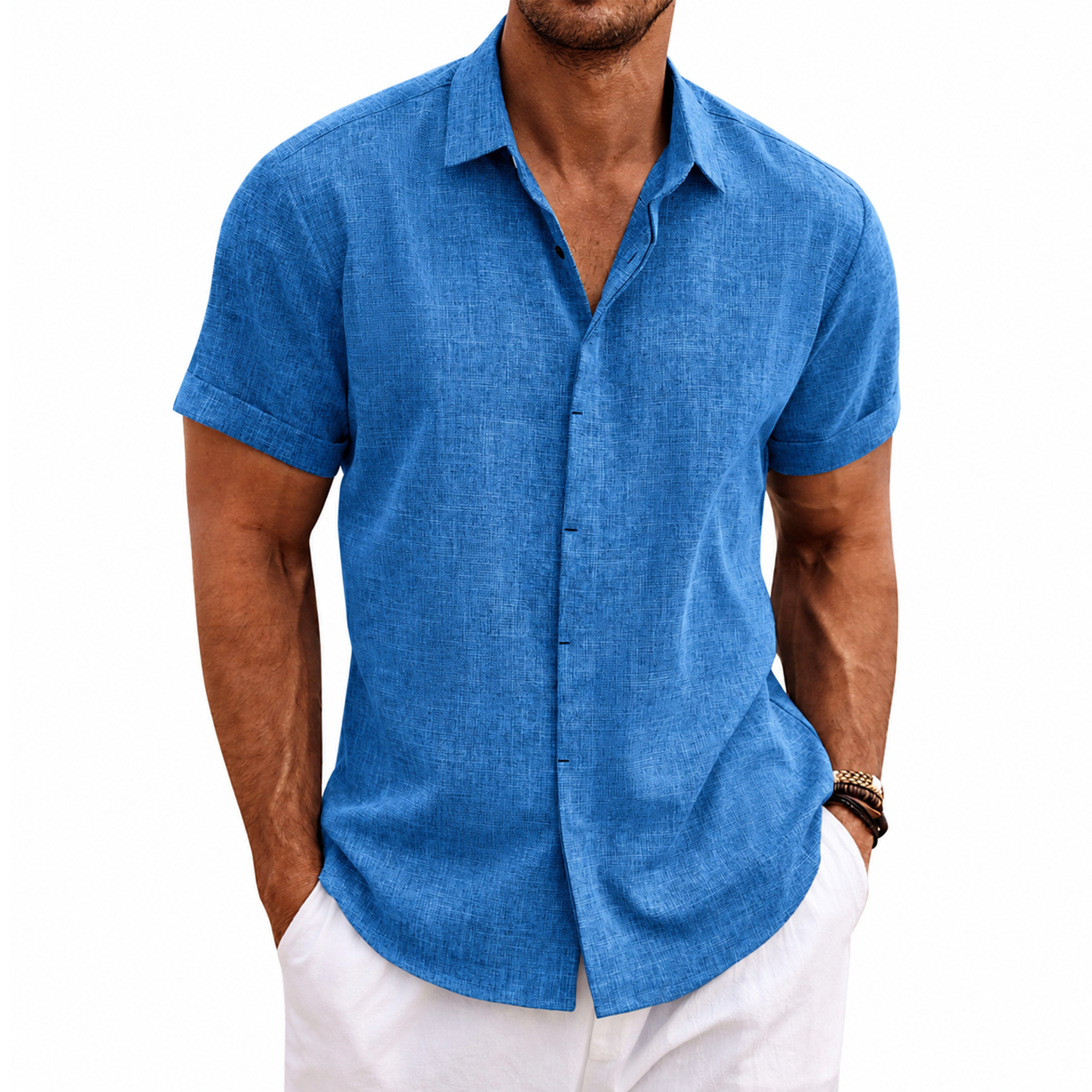 Menordes Men's Linen Short Sleeve Button Down Shirt