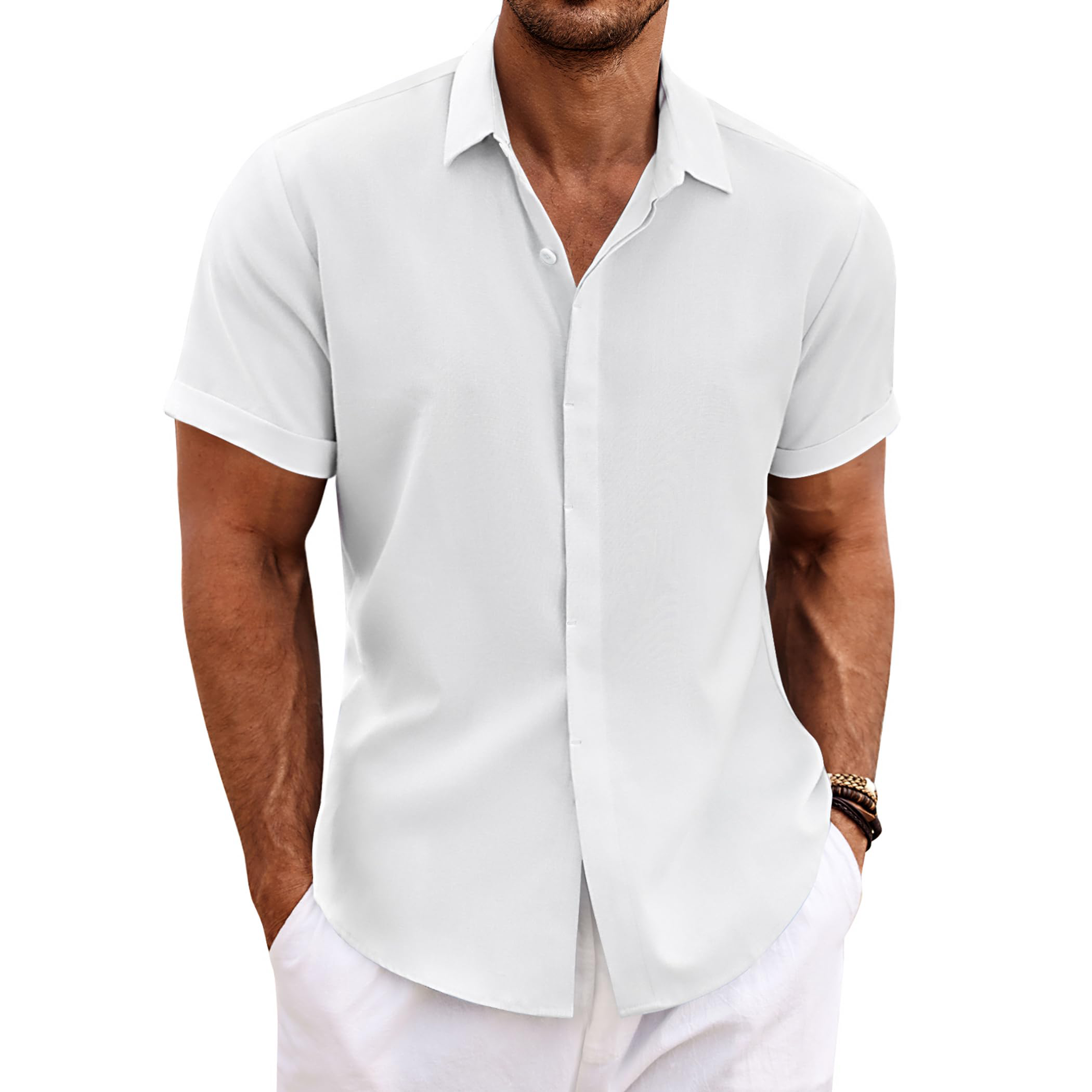 Menordes Men's Linen Short Sleeve Button Down Shirt