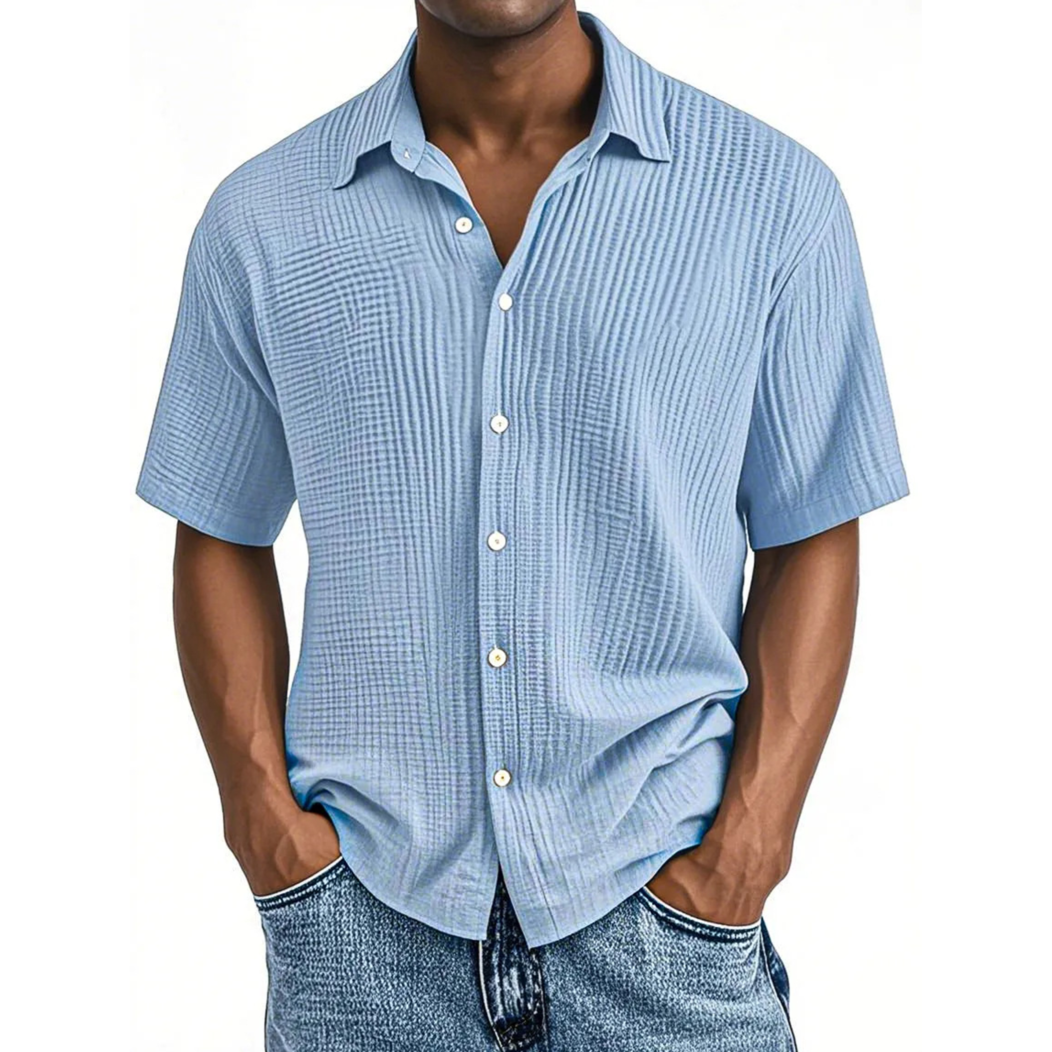 Crinkle Textured Cotton Short Sleeve Button Up Shirt